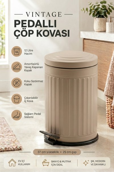 GörSeç Cappücüno 12 Lt Pedallı Vintage Çöp Kovası Mutfak Çöp Kovası Amortisör...