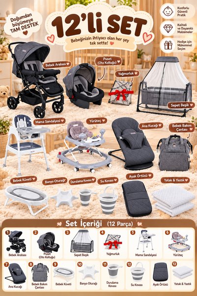 Tommybaby 12 Parça Çeyiz Seti Bebek Arabası Puset Beşik Anakucağı Mama Sandal...