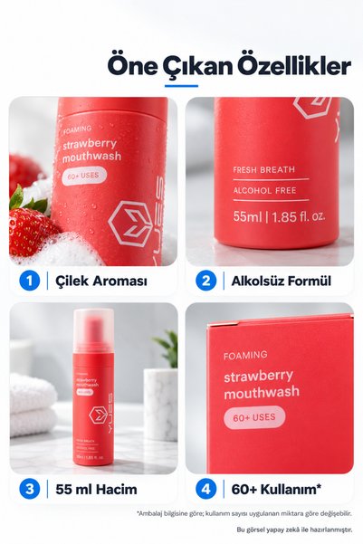 YUES Çilek Aromalı Köpük Ağız Gargarası 55 ml Alkolsüz Ferah Nefes 60+ Kullanım