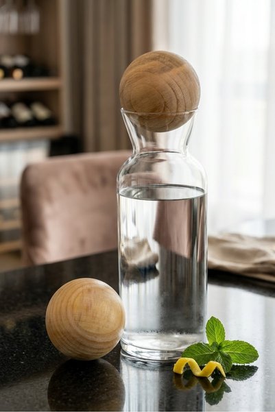 Öz-Home Ahşap Top Kapaklı Cam Karaf