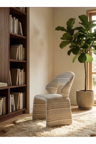 IN HOME STORE Modern Curved Design Dining Chair with Checkered Fabric