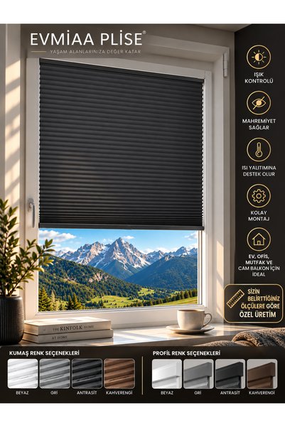 evmiaaplise Evmiaaplise Antrasit Katlabilir Cam Balkon Plise Perdesi Salon Pe...