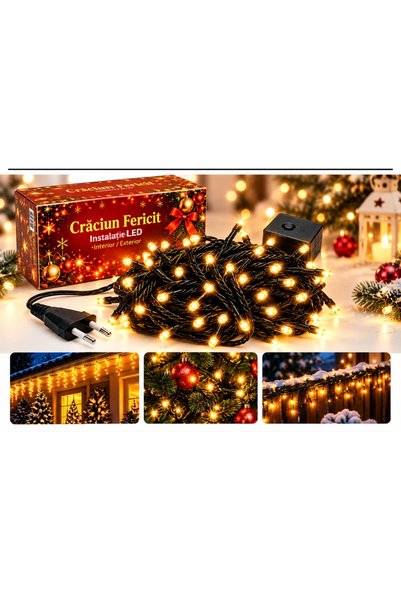 OEM Instalație de Crăciun liniară cu 100 LED-uri alb cald, 9 m, fir negru