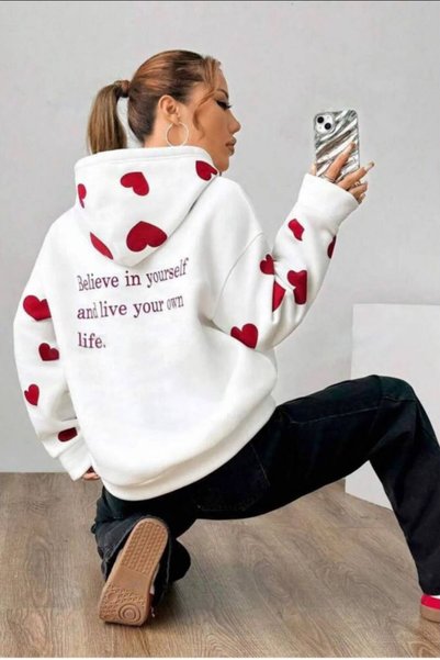 Vieoletta Tekstil Φούτερ Ecru oversized Casual Printed Off Shoulder με μακριά...