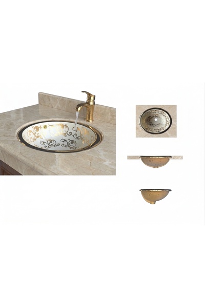 Generic Oval Porcelain Countertop Washbasin with Gold Pattern 49.5x40x20 cm
