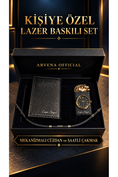 ROLE MODEL Kişiye Özel Lazer Baskılı Suni Deri Cüzdan Saatli Çakmak ve Bilekl...