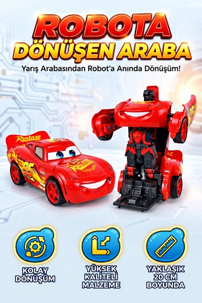 Tıfıl Toys Şimşek McQueen 2'si 1 Arada 24 CM Işıklı ve Sesli Transformers Tar...