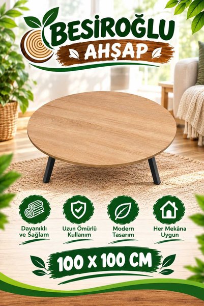 besiroglu ahsap 100 Cm Çap - Ahşap Kaplama Katlanabilir Yer Sofrası - Oyun Ma...