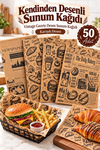 Delvos Kendinden Desenli Yağlı Kağıt | 50 Adet Vintage Gazete Desen Sunum Kağ...