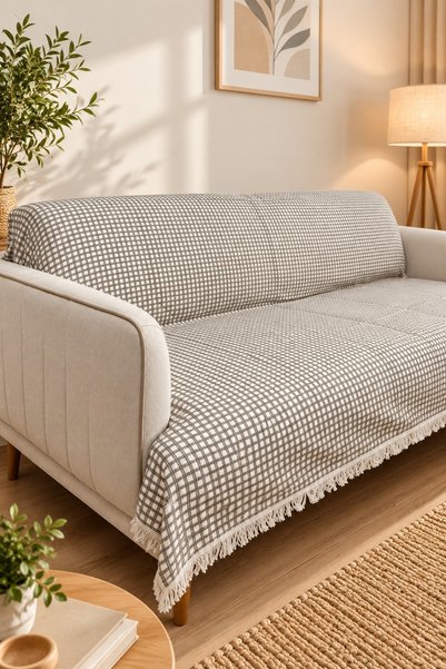 Mandaş New Generation Penyeli Cotton Non-Slip Sofa Cover (170X220) - Cream Brown