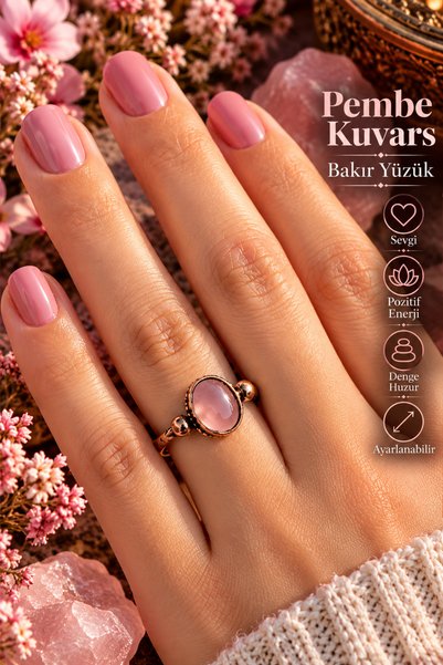 NBS Beautiful Naturel Stones Bakır Gerçek Pembe Kuvars Yüzük Ayarlanabilir