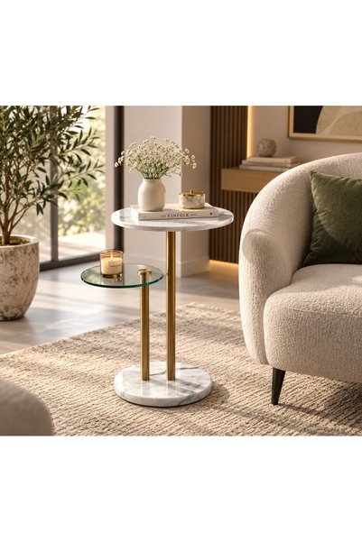 Generic Modern Side Serving Table with 2 Glass and Marble Tops and Marble Bas...