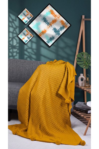 DOUX HOME Yeliz Triko Örgülü Tv Battaniyesi 10 Ponponlu 130 X 170 (HARDAL)