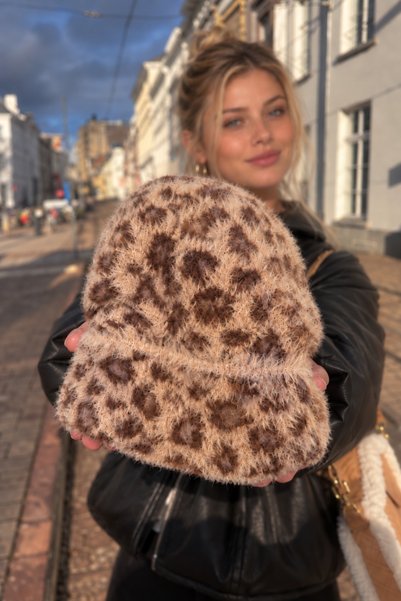sezeros Leopar Desenli Kadın Peluş Bere, Tüylü Yumoş Bere, Katlamalı Kışlık Bere