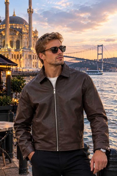 CORDİNA Erkek Premium Deri Görünümlü Modern Fermuarlı Ceket
