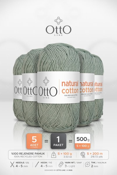 OTTO LINE Natural Cotton • Green (6053) • 5-Pack × 100 Gr / 200 m • 2 mm • Co...