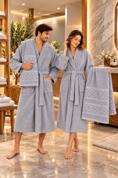 NOVVA %100 Pamuk Unisex Bornoz ve Desenli Havlu Takımı Gri