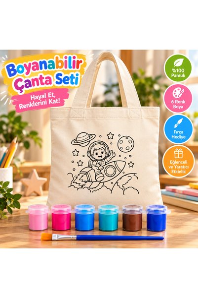 MinooBalKids Çocuklar İçin Boyanabilir Ham Bez Çanta Astronot Roket Desenli E...