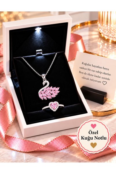 Aroma Hediye Işıklı Kutu Pembe Kuğu Kolye Ve Yüzük Set Özel Kuğu Notlu Çelik ...