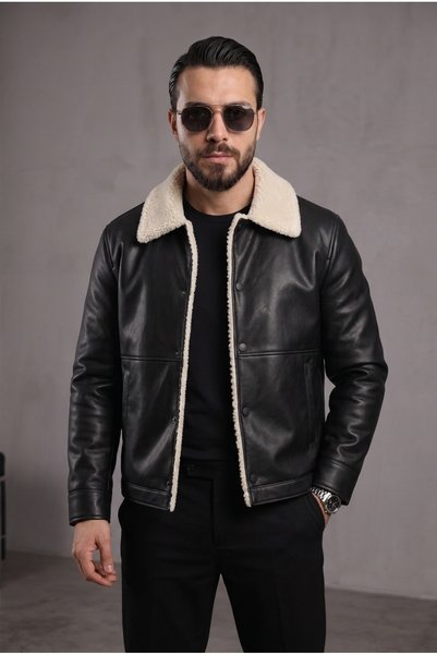 BASEL.CO Full Premium Black Leather Jacket with Fur-Trimmed Design