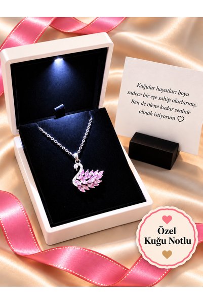 Aroma Hediye Işıklı Kutu Kuğu Kolye Özel Kuğu Notlu Pembe Taşlı Kadın Çelik K...