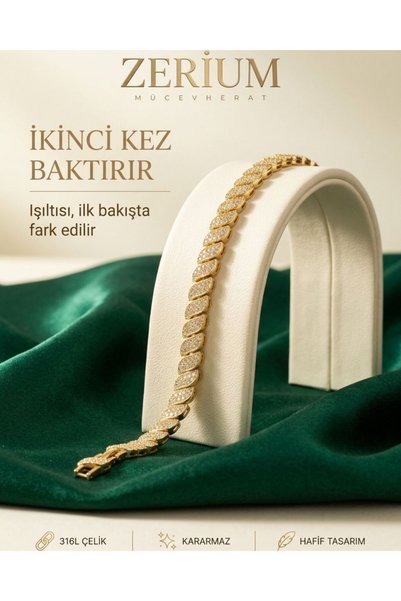 ZERİUM Kadın Bileklik Altın Renkli Sıralı Zirkon Taşlı Zarif Model Premıum Seri