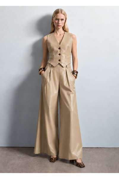 LADYA COLLECTION Beige Leather Suit Set with High-Waist, High-Leg Pants and a...