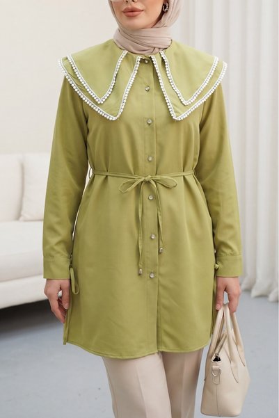 HİJABAYA Long-Sleeved Hijab Poplin Tunic with Lace Collar, Tie at the Waist a...