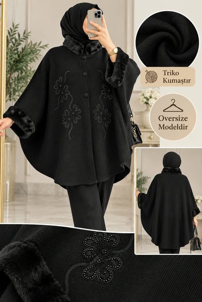 Genel Markalar NOVEA SCARF İŞLEMELİ KÜRKLÜ TRİKO PANÇO