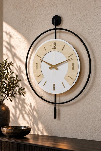 Pey Aksesuar 50x70 cm Metal Ahşap Ve Işığın Muhteşem Uyumu Duvar Saati dekoratif