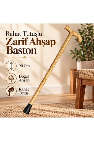 Store Ahşap Baston 90 Cm | Ergonomik Tutma Saplı Şık ve Dayanıklı Yürüme Dest...