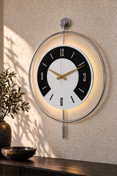 Pey Aksesuar 50x70 cm Metal Ahşap Ve Işığın Muhteşem Uyumu Duvar Saati dekoratif