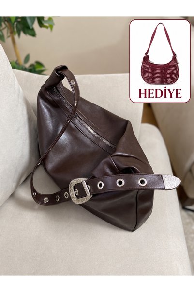 MODA Kadın Kahverengi Soft Deri Omuz Çantası-Büyük Hacimli Metal Tokalı Günlü...