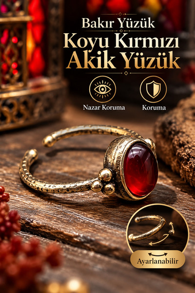 NBS Beautiful Naturel Stones Kadın Bakır Gerçek Kırmızı Akik Taşlı Yüzük Ayar...