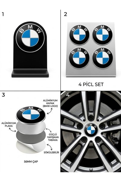 MemoDigital Bmw Uyumlu Alüminyum Jant Göbeği Arması Sticker 68mm - 4 Adet