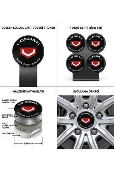 MemoDigital VOSSEN Logolu Alüminyum Jant Göbeği Arması Sticker 56mm - 4 Adet