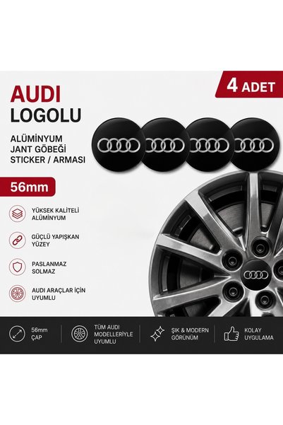 MemoDigital Audi Logolu Alüminyum Jant Göbeği Arması Sticker 56mm - 4 Adet