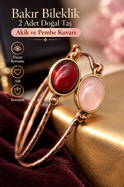 NBS Beautiful Naturel Stones Bakır Saf 2 Adet Bileklik Pembe Kuvars , Akik Ta...