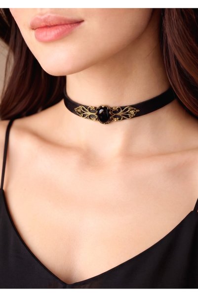 LADYMİRAGE HAKİKİ DERİ EL YAPIMI DOĞALTAŞLI CHOKER KOLYE
