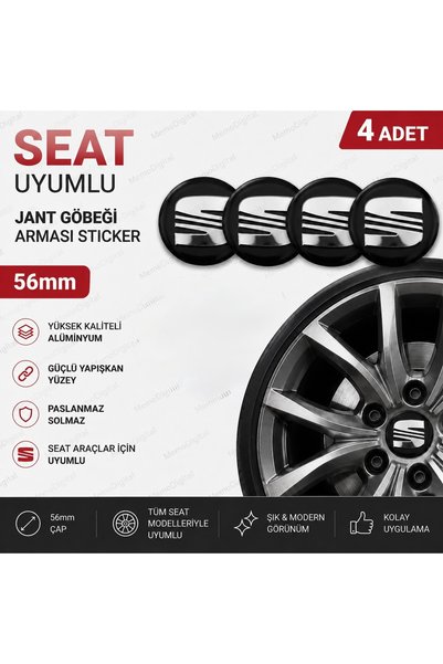 Genel Markalar Seat Uyumlu Alüminyum Jant Göbeği Arması Sticker 56mm - 4 Adet