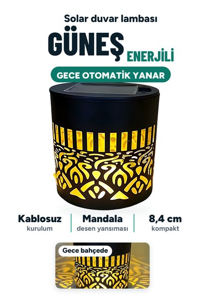 BİGABE Güneş Enerjili Mandala Desenli Solar Duvar Lambası Dekoratif Bahçe Ayd...
