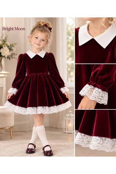 bright moon Girl's Silk Velvet Dress with Lace Detail