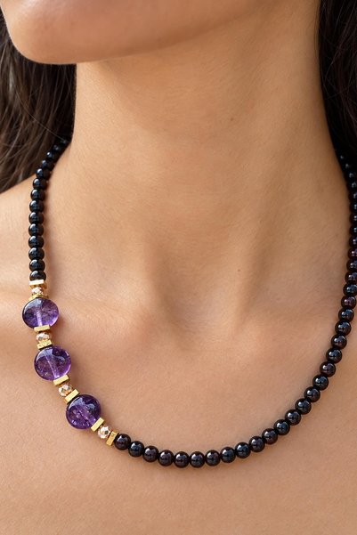 elinasaccessories Oniks Ametist Doğal Taş Kolye 40 cm El Yapımı Siyah Mor Bon...