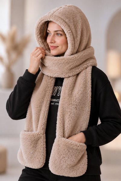Homy Life Kışlık Kapüşonlu Eldiven Cepli Atkı Boyunluk | Rüzgar Geçirmez Şapk...