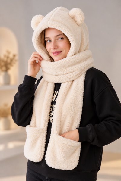 Homy Life Kore Tarzı Peluş Ayı Kulaklı Ve Cep Eldivenli Kapüşonlu Şapka Bere ...