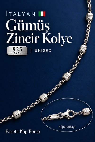 Two Arts 925 Ayar Gümüş İtalyan Fasetli Küp Motifli Forse Zincir Kolye 1,40 m...