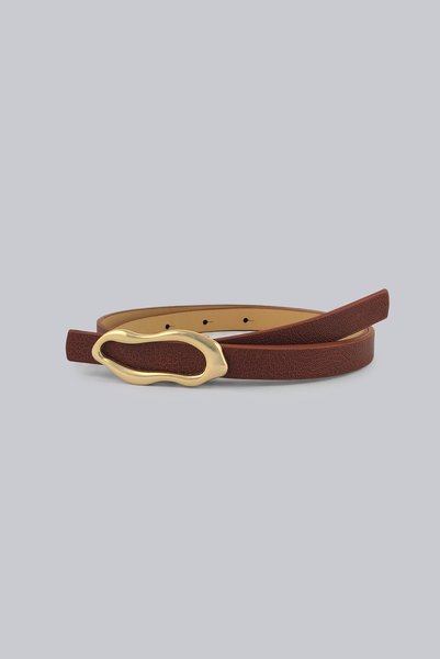 Milleniva Abstract Ellipse Gold Buckle Brown Thin Women's Belt 1.5 cm