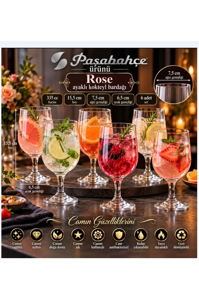 Paşabahçe ürünü ayaklı ROSE mod. Kokteyl meşrubat bardağı 335 cc hacim 15. 5 ...