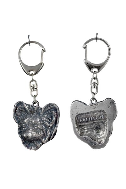 Art - Dog Papillon - Breloc placat cu argint cu un câine într-o cutie cadou, ...