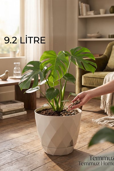 TEMMUZ HOME 9.2 Litre Dekoratif Prizma Desenli Büyük Boy Tabaklı Plastik Saks...